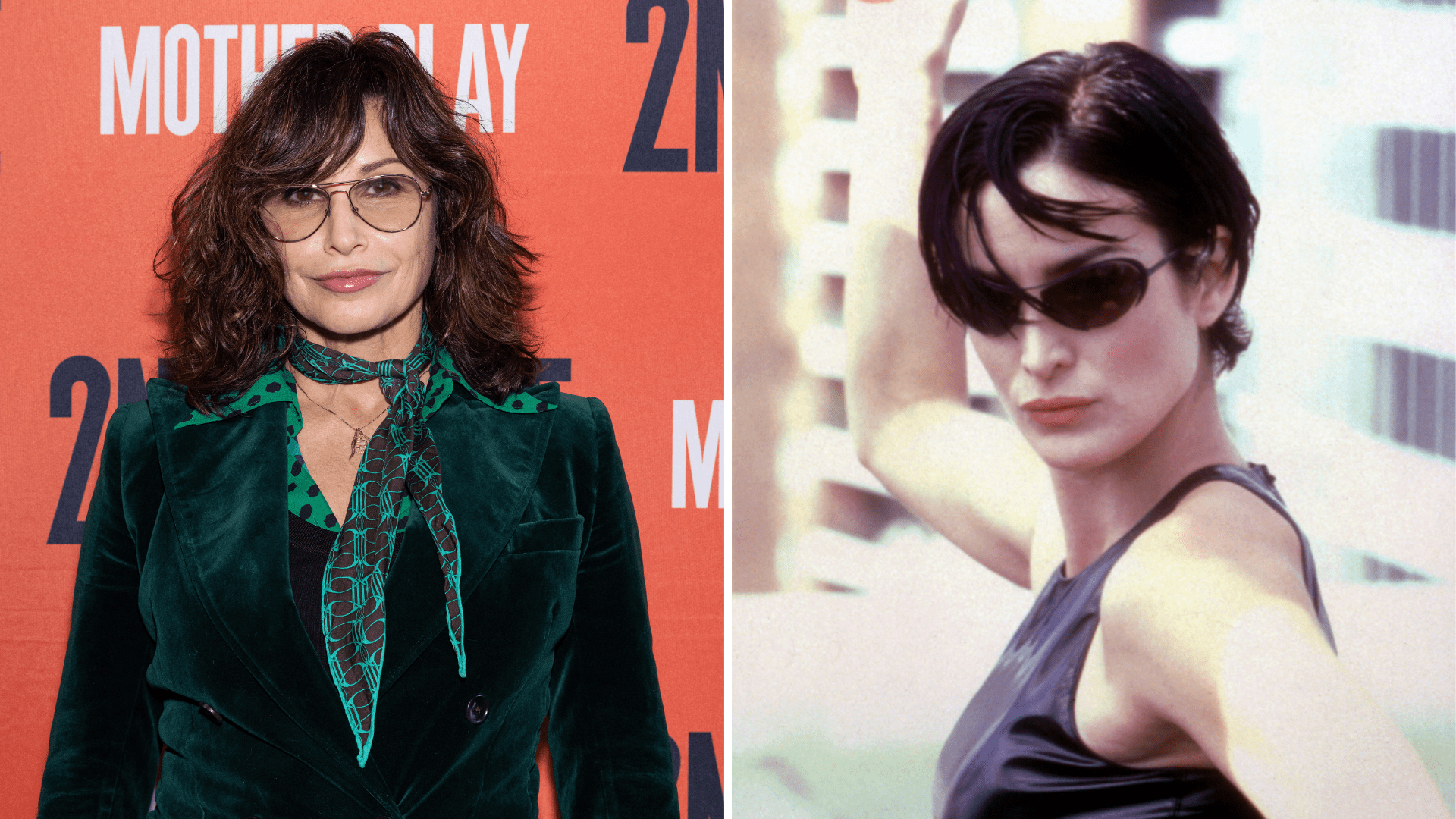 (Left to right): Gina Gershon at a premiere in 2024 and Carrie-Anne Moss in 'The Matrix'