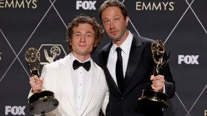 Jeremy Allen White, winner of the Outstanding Lead Actor in a Comedy Series award for 'The Bear,' and Ebon Moss-Bachrach, winner of the Outstanding Supporting Actor in a Comedy Series award for 'The Bear,' pose in the press room during the 75th Primetime Emmy Awards.