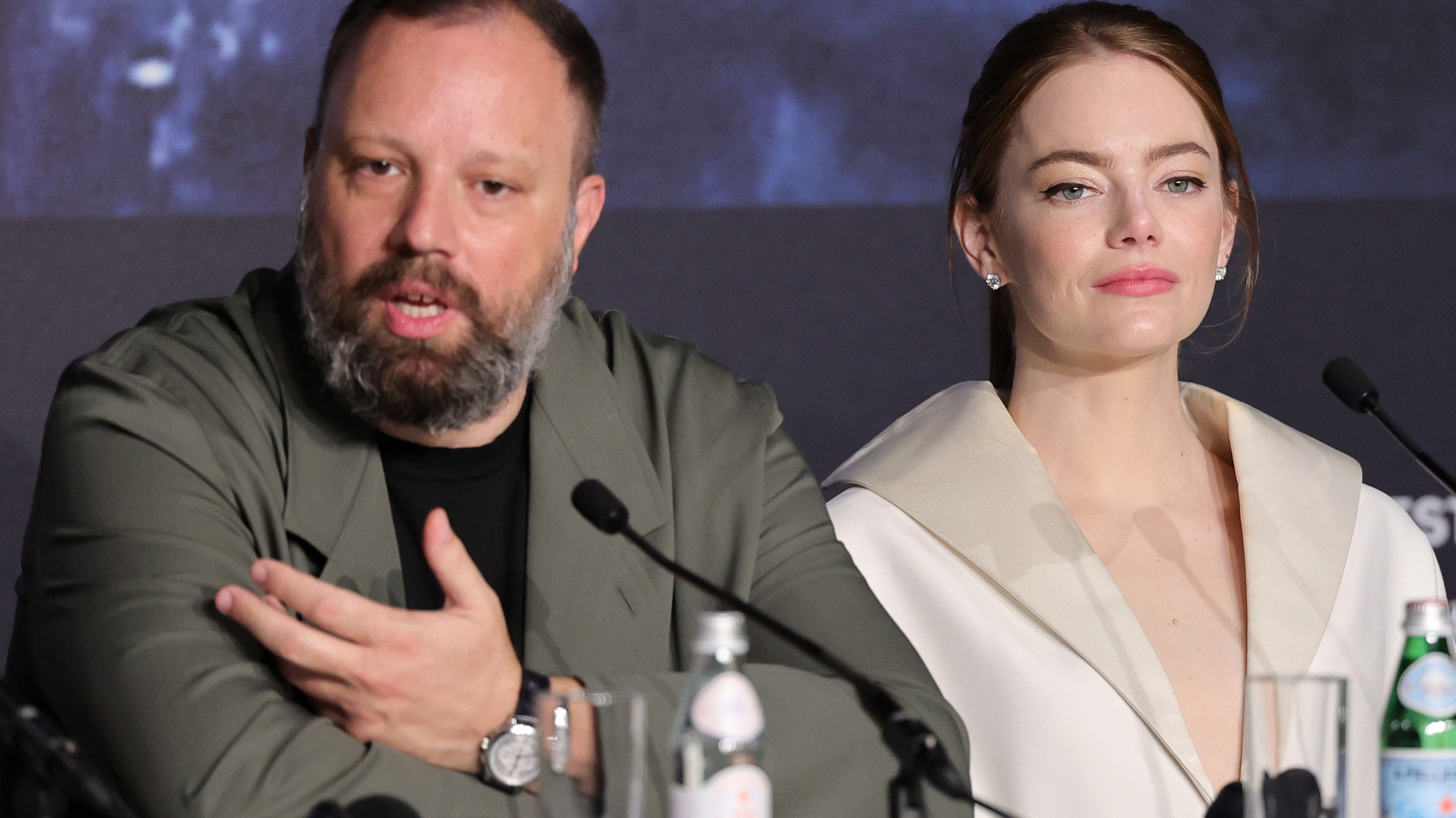 CANNES, FRANCE - MAY 18: Yorgos Lanthimos and Emma Stone  attend the 'Kinds Of Kindness' Photocall at the 77th annual Cannes Film Festival at Palais des Festivals on May 18, 2024 in Cannes, France. (Photo by Neilson Barnard/Getty Images)