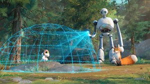 THE WILD ROBOT, from left: Brightbill (voice: Kit Connor), Fink (voice: Pedro Pascal), Roz (center, voice: Lupita Nyong'o), 2024. © DreamWorks Animation / © Universal Pictures / Courtesy Everett Collection