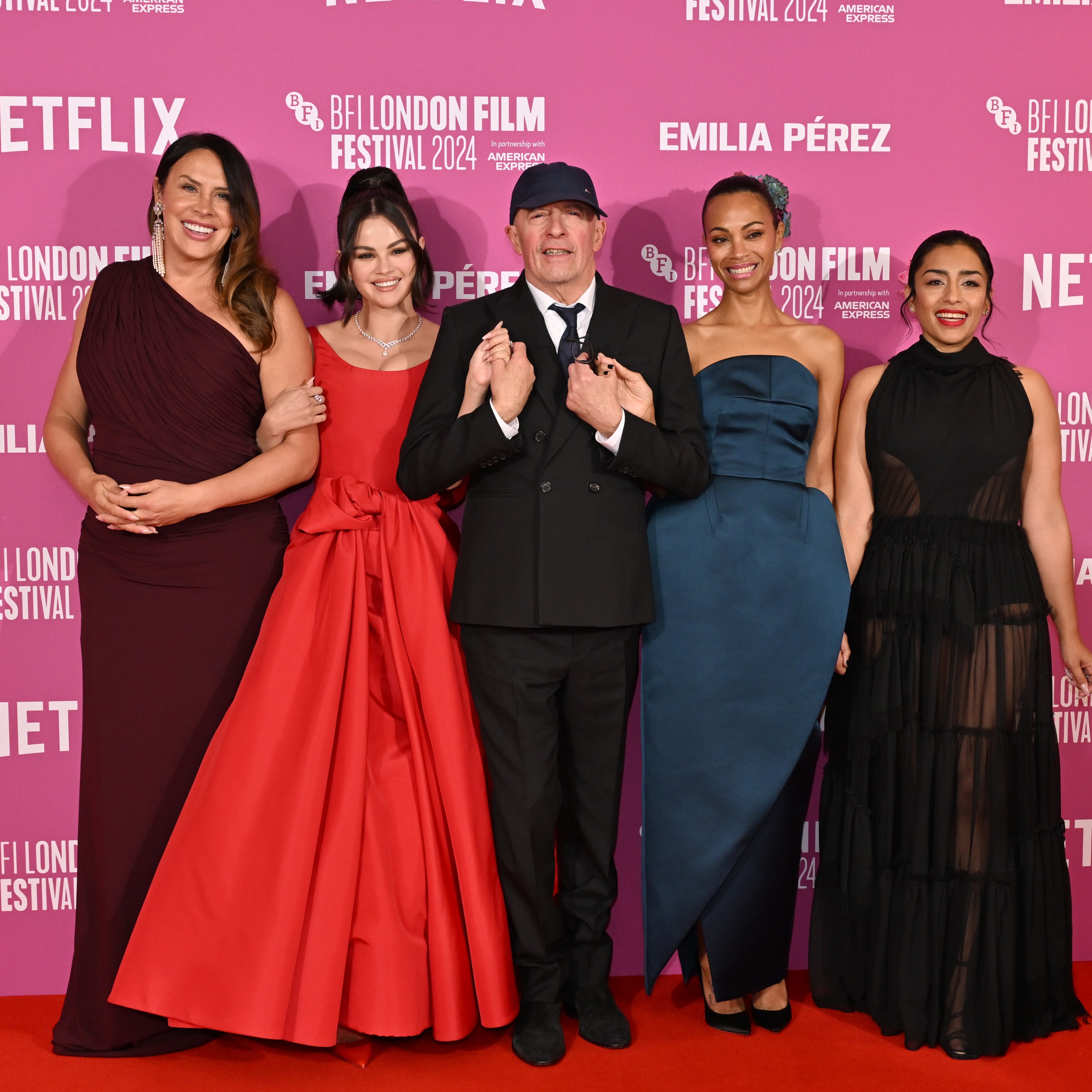 LONDON, ENGLAND - OCTOBER 11: (L-R) Karla Sofía Gascón, Selena Gomez, Jacques Audiard, Zoe Saldana and Adriana Paz attend the "Emilia Perez" Headline Gala during the 68th BFI London Film Festival at The Royal Festival Hall on October 11, 2024 in London, England. (Photo by Jeff Spicer/Getty Images for BFI)