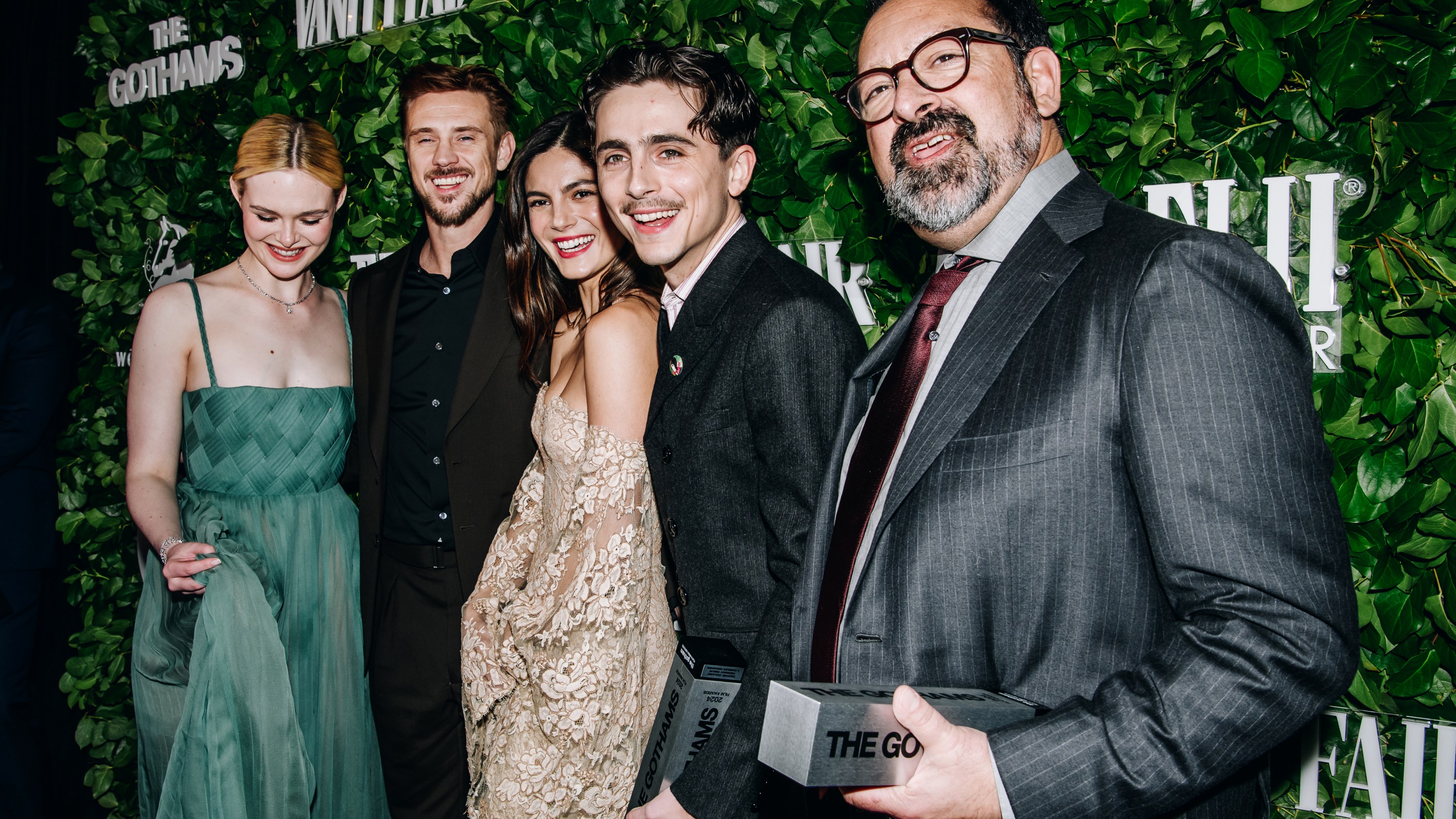 Elle Fanning, Boyd Holbrook, Monica Barbaro, Timothée Chalamet, James Mangold at the 34th Annual Gotham Awards held at Cipriani Wall Street on December 2, 2024 in New York, New York. (Photo by Nina Westervelt/WWD via Getty Images)