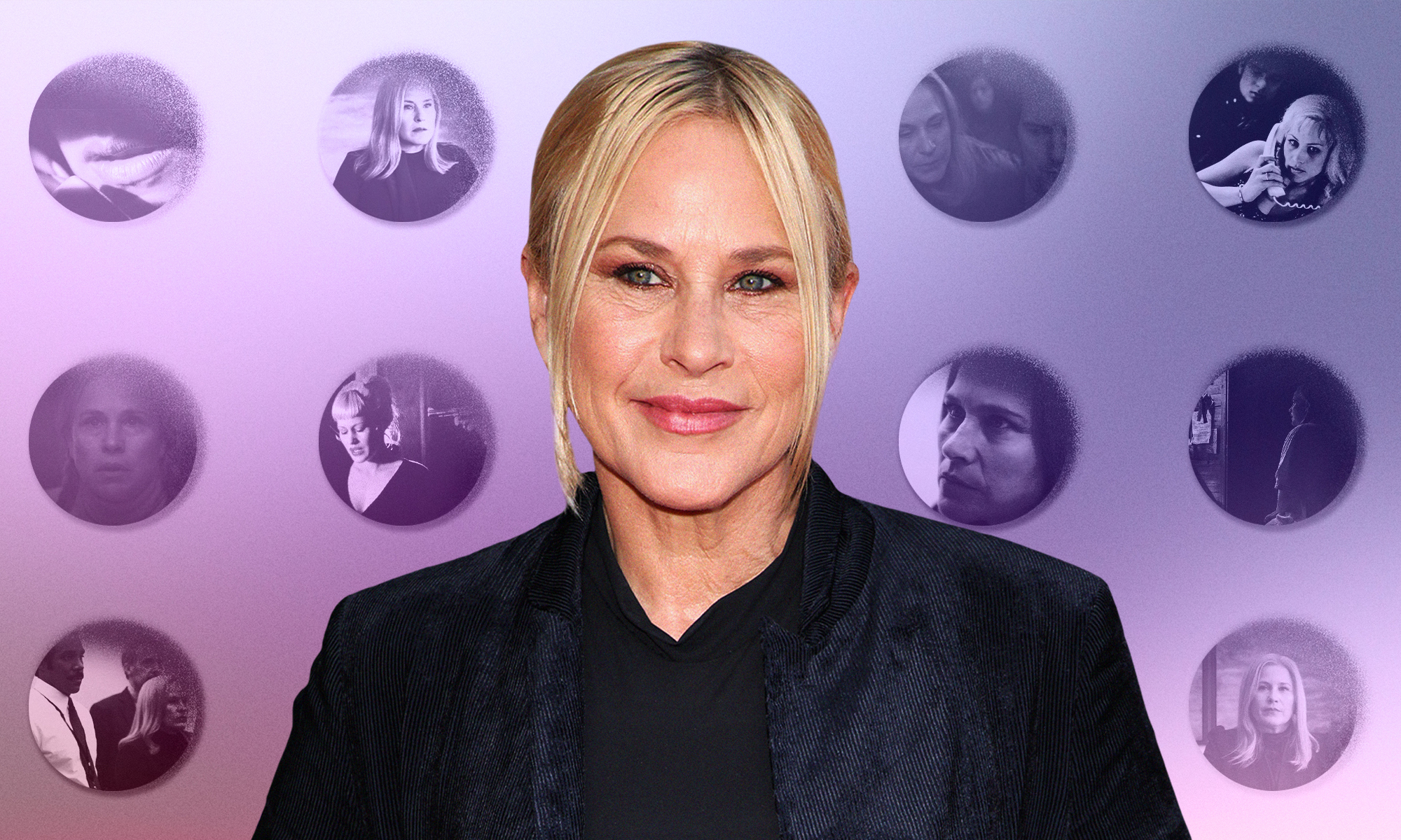 Image of Patricia Arquette surrounded by bubbles with some of her famous characters, including from 'Severance'