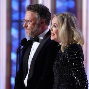 Seth Rogen, Catherine O'Hara during the 82nd Annual Golden Globes held at The Beverly Hilton on January 05, 2025 in Beverly Hills, California.