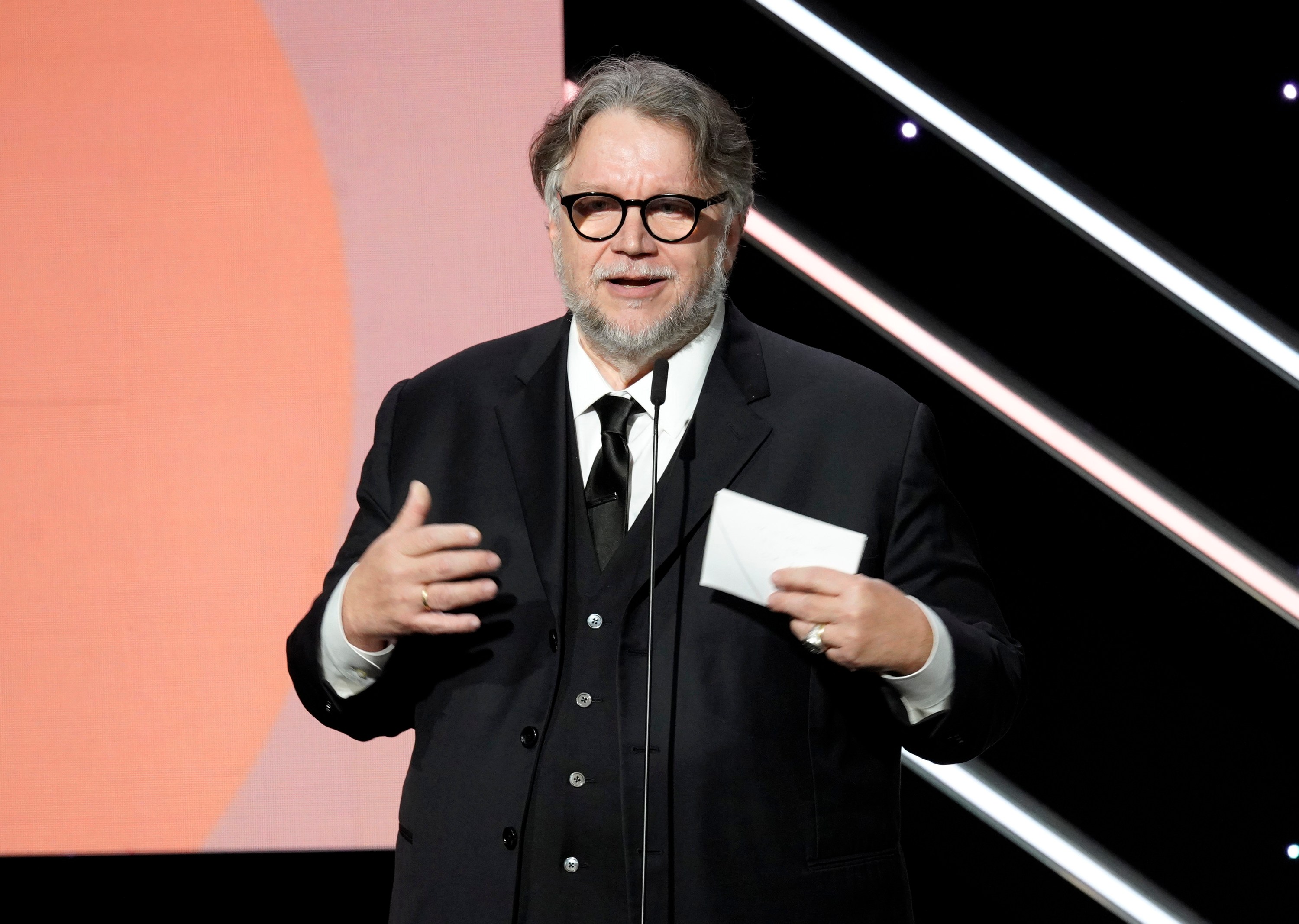 BEVERLY HILLS, CALIFORNIA - DECEMBER 06: Guillermo del Toro speaks onstage during the 38th Annual American Cinematheque Awards at The Beverly Hilton on December 06, 2024 in Beverly Hills, California.  (Photo by Presley Ann/Getty Images for American Cinematheque)