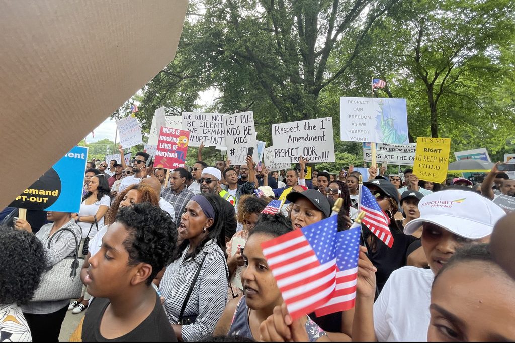 People demonstrate outside the Montgomery County Public Schools Board of Education, July 23, 2023, in Rockville, Maryland. (RNS photo/Reina Coulibaly)