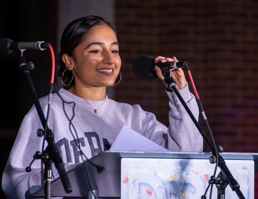 Mundi speaking about Bandhi Chhor Divas at DePaul University’s Tree Lighting Ceremony,  connecting the Sikh tradition to a spirit of liberation and emphasizing the importance of caring for one another. 