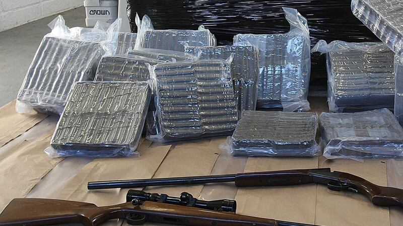 A file image of weapons and drugs seized in Co Kildare in 2008 as part of a series of Garda raids targeting cannabis smuggling into Ireland. Gardaí said a substantial amount of cannabis had been recovered after a car was stopped and during follow-up searches. Photograph: PA