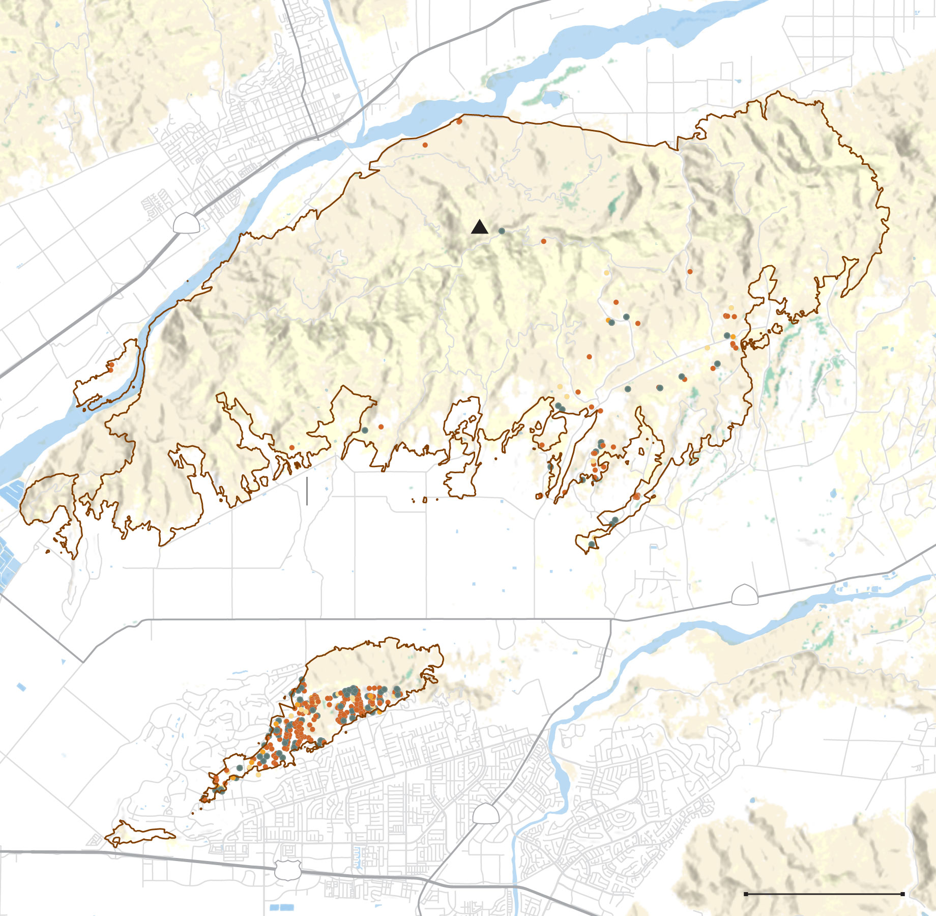 Map of the Mountain fire perimeter and damaged and destroyed buildings