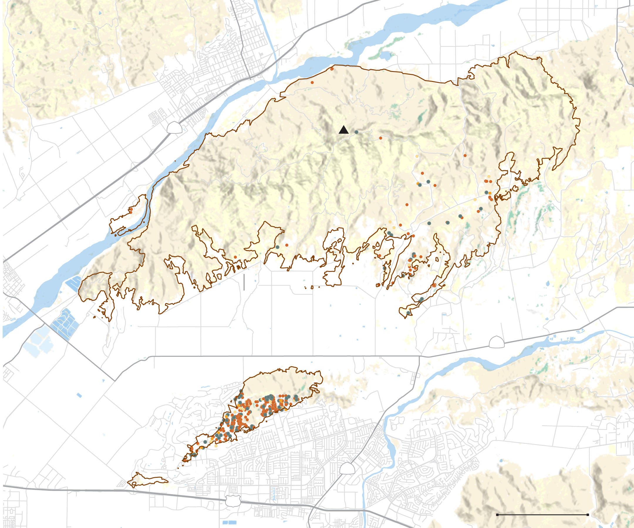 Map of the Mountain fire perimeter and damaged and destroyed buildings