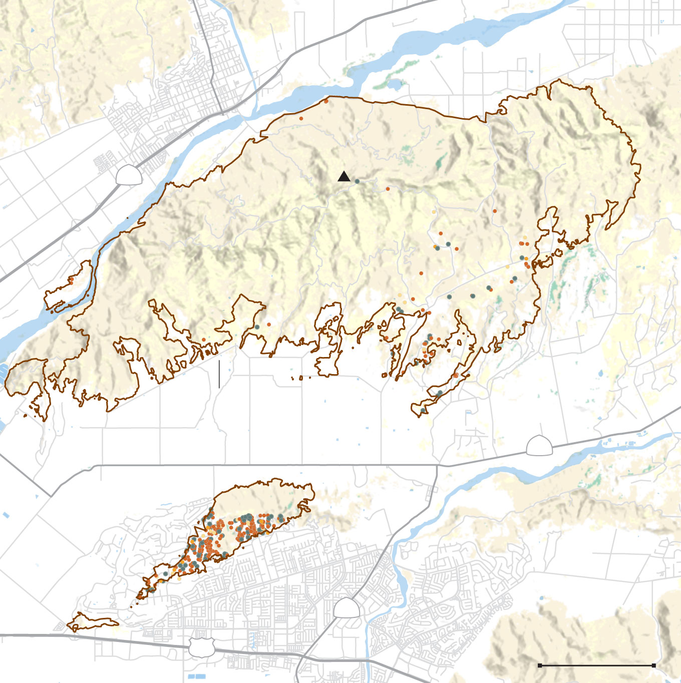 Map of the Mountain fire perimeter and damaged and destroyed buildings