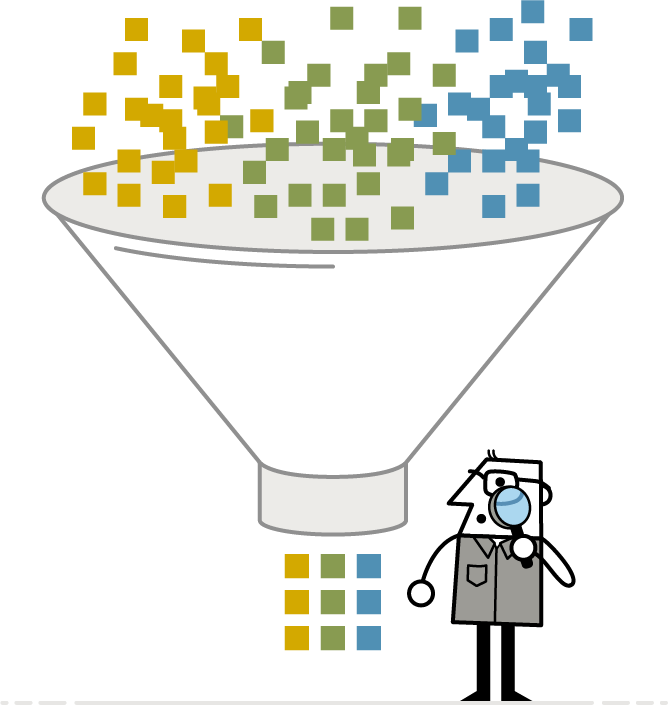 Illustration showing yellow, green and blue squares, representing Looking, Understanding and Making Human-Centered Design methods, falling into a vertical funnel and coming out the bottom as an orderly system, as LUMAtic character watches.