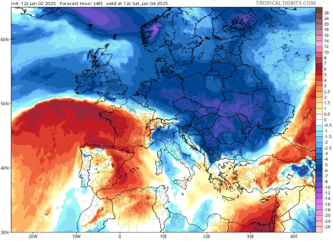 Anomalie di temperatura 4 gennaio 2025