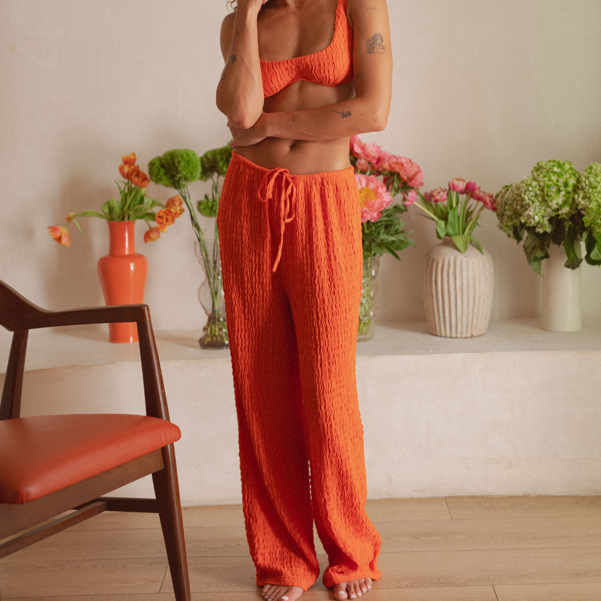 Tangerine Drawstring Wide Leg Pant