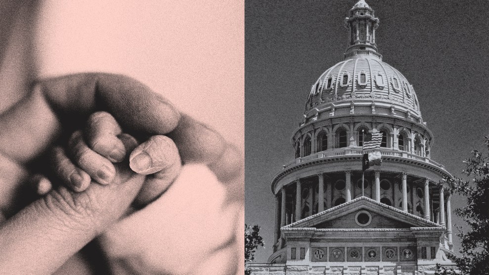 A diptych in which, on the left, there's a baby holding one parent's thumb. In the image on the right, the Texas state capital building.