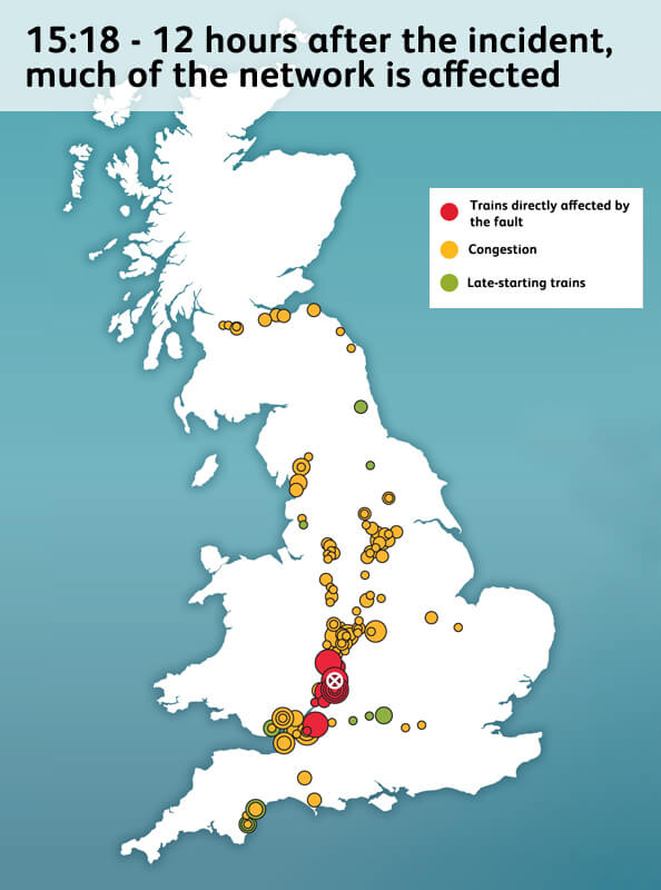 Map of the UK showing spots of congestion and trains affected by the incident in Cheltenham - areas across the network are all affected