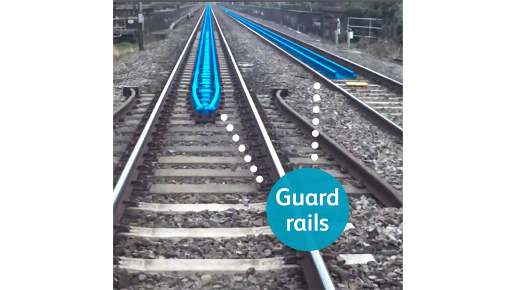 Image of a track with a pair of guard rail features – highlighted in blue