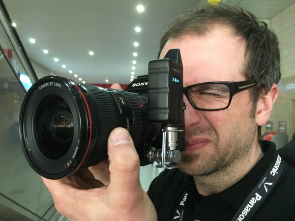 Although the END unit  adds bulk to a small camera like the A7s here, it's still a discreet package, even with Newsshooter contributor Simon Glass attached.
