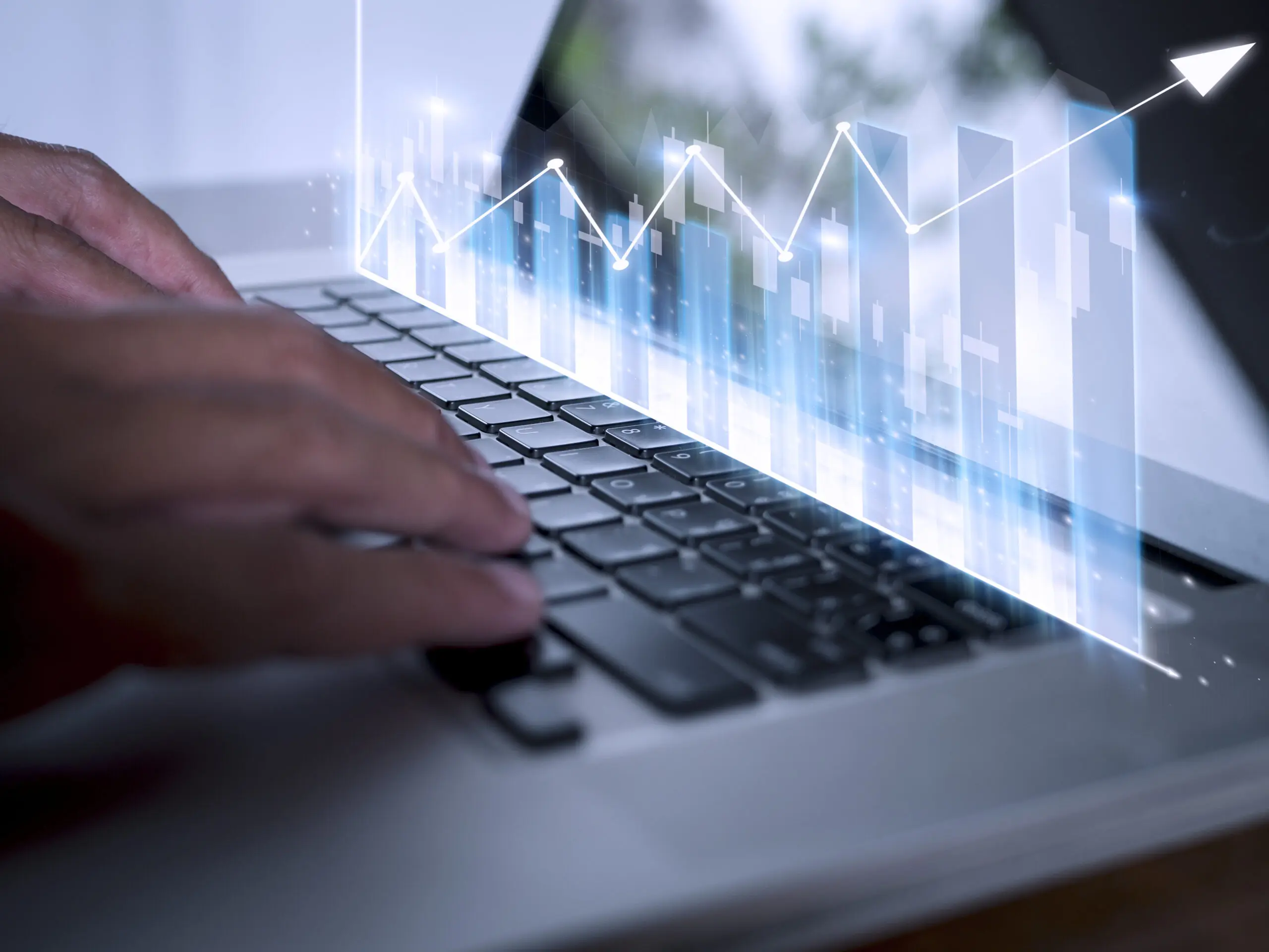 Businessman show stock market bar chart grow up to target. Business finance concept. Businessman's hands Show success graph, stocks grow every year and set goals