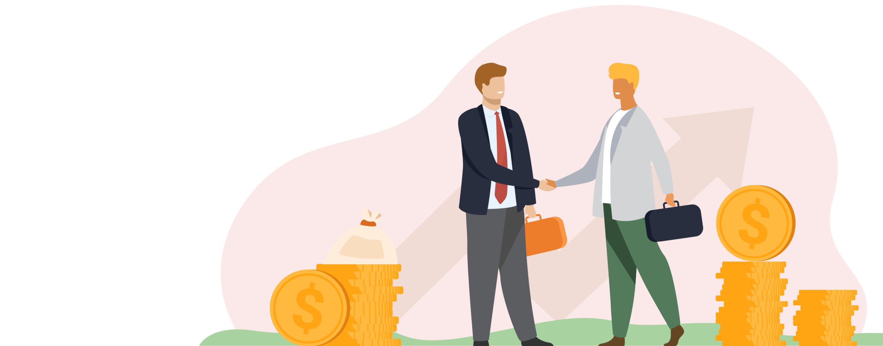 Two Cartoon Men With Briefcases Shaking Hands In Front Of Gold Coins