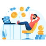 Passive income concept flat vector illustration. Male cartoon character businessman relax in chair while coins fly out of the computer. Easy money and investor concept