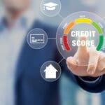 Credit Score rating based on debt reports showing creditworthiness or risk of individuals for student loan, mortgage and payment cards, concept with business person touching scorecard on screen