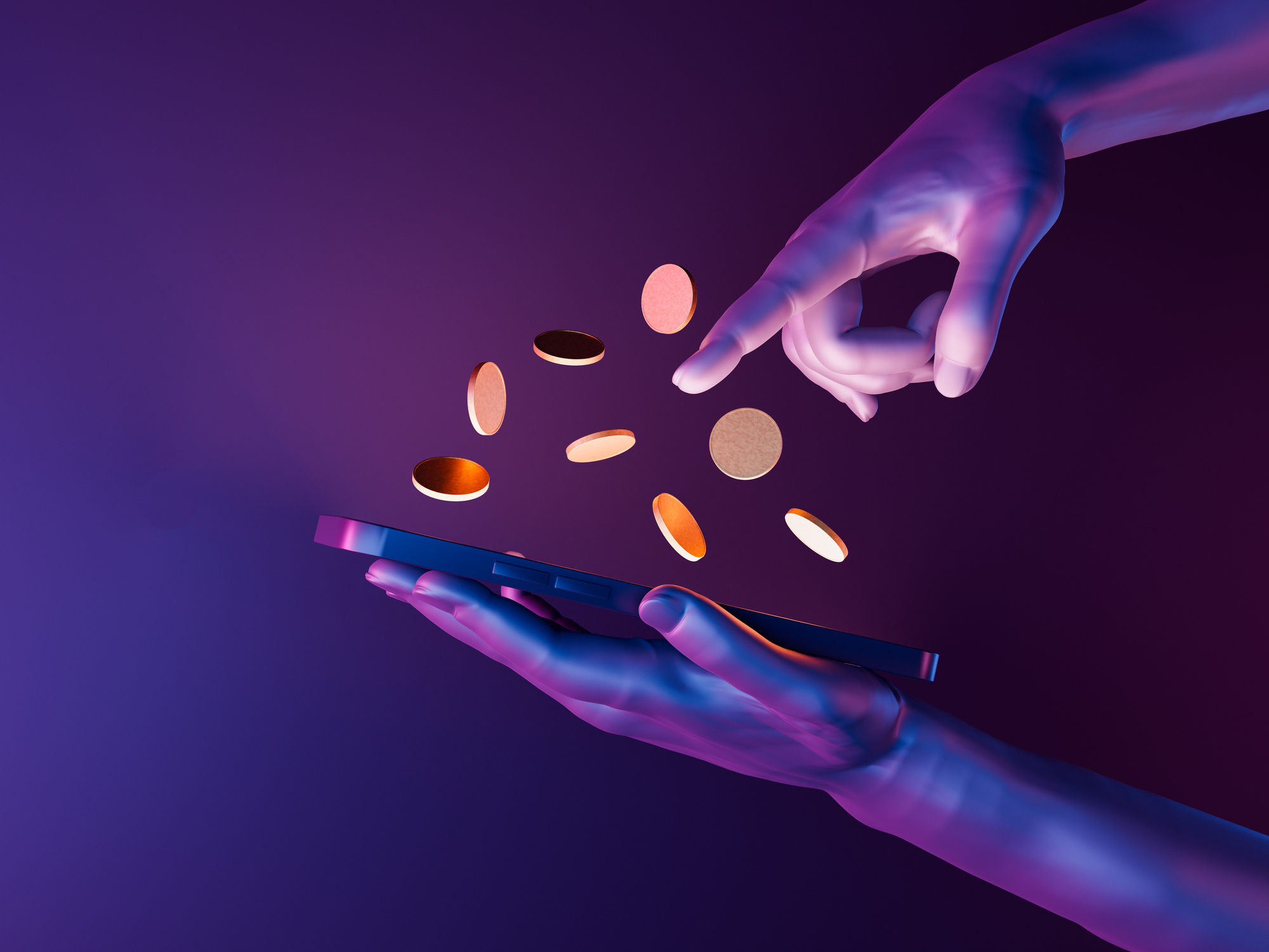 3d hands holding a cell phone with coins on the screen. neon lights. futuristic concept of play to earn, video games, technology, metaverse and crypto. 3d rendering