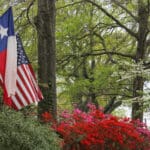 A selective focus of Texas and American Flags in front of a house during Independence day in the USA