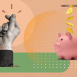 Cartoon Of Piggy Bank With Coins Falling In And Hand Snapping Fingers