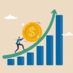 Compound interest exponential growth, investing earning profit, wealth management or savings, pension fund growing in long term investment concept, businessman push money coin up exponential graph.