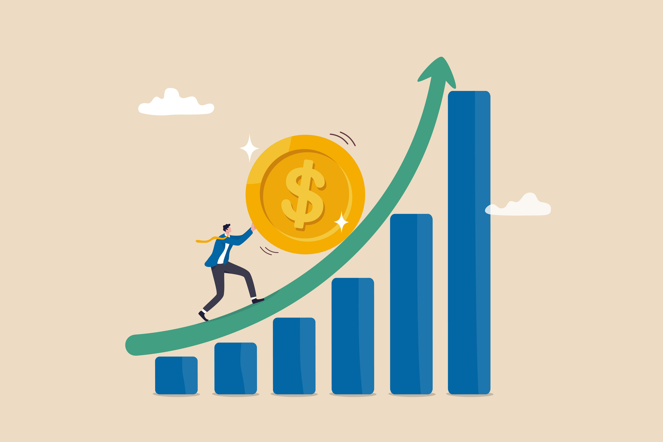 Compound interest exponential growth, investing earning profit, wealth management or savings, pension fund growing in long term investment concept, businessman push money coin up exponential graph.