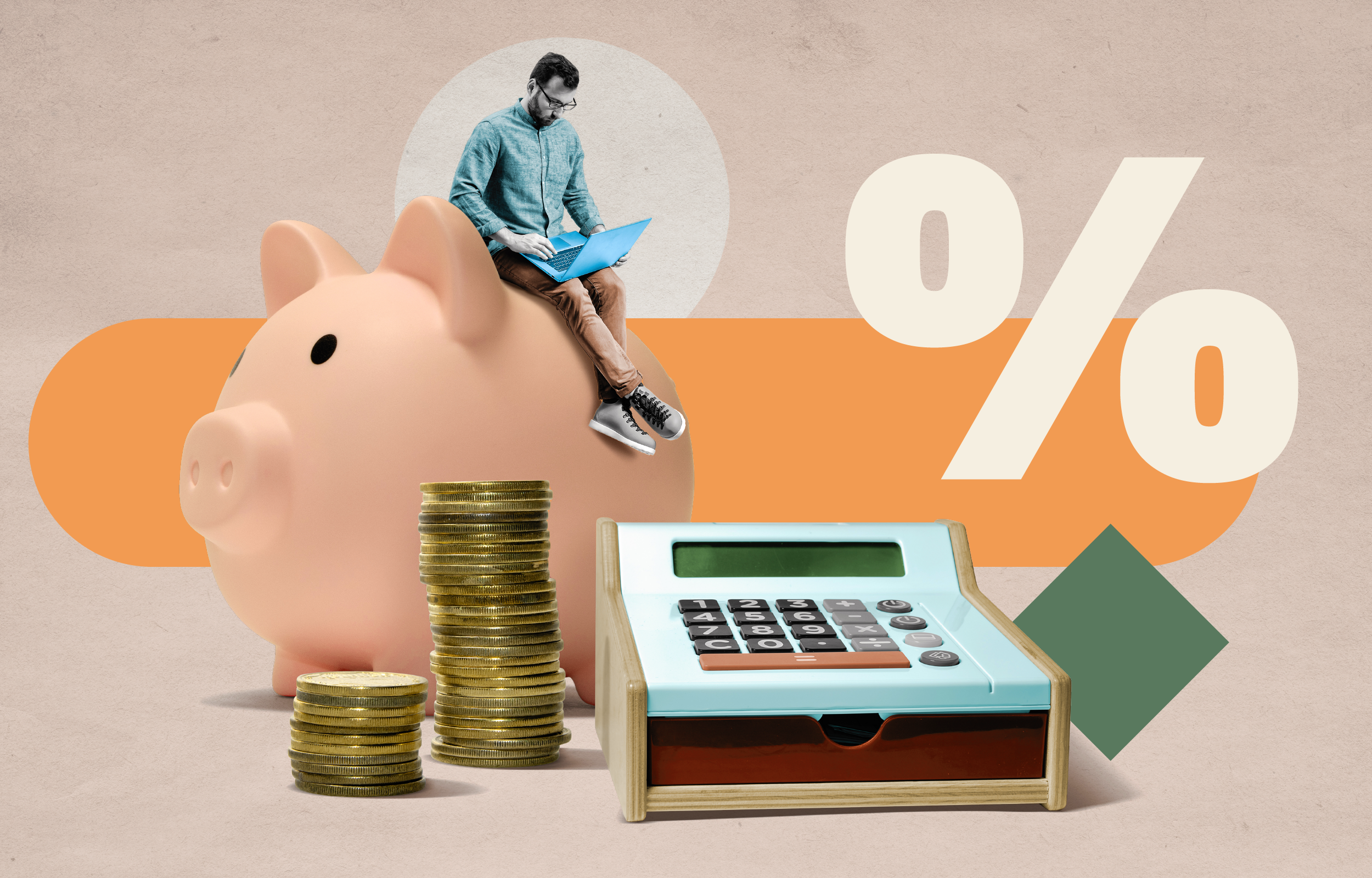 Man Sitting On Top Of A Piggy Bank With Coins And A Calculator In Front Of Him