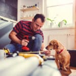 Man with small yellow dog working on a new kitchen installation and using a cordless drill