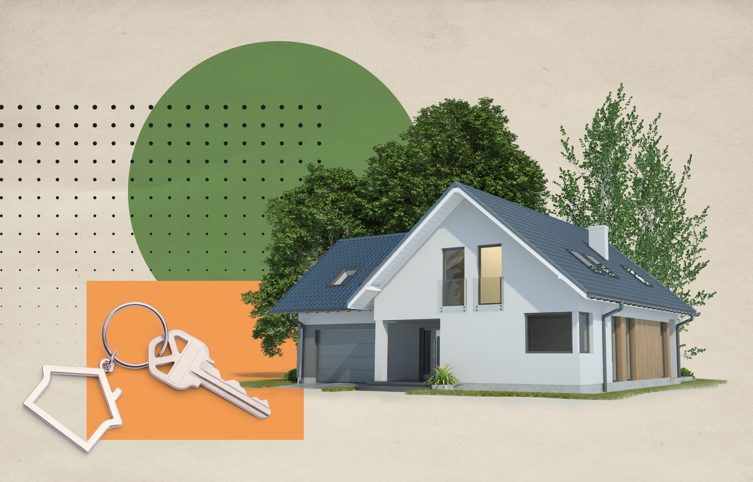 standalone blue house next to a house key on an abstract green, orange, and beige background