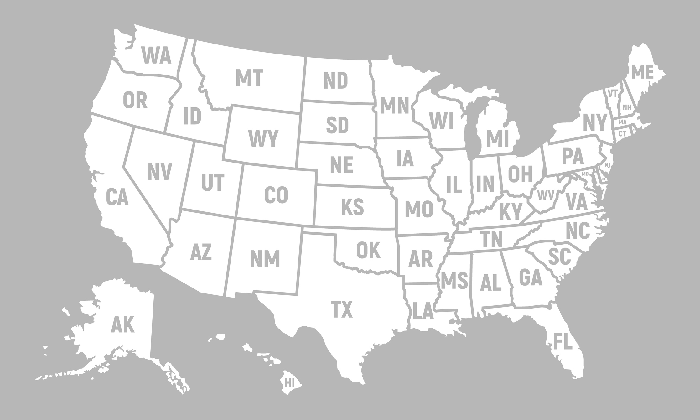 A map of the United States of America with all 50 states labeled with their abbreviations