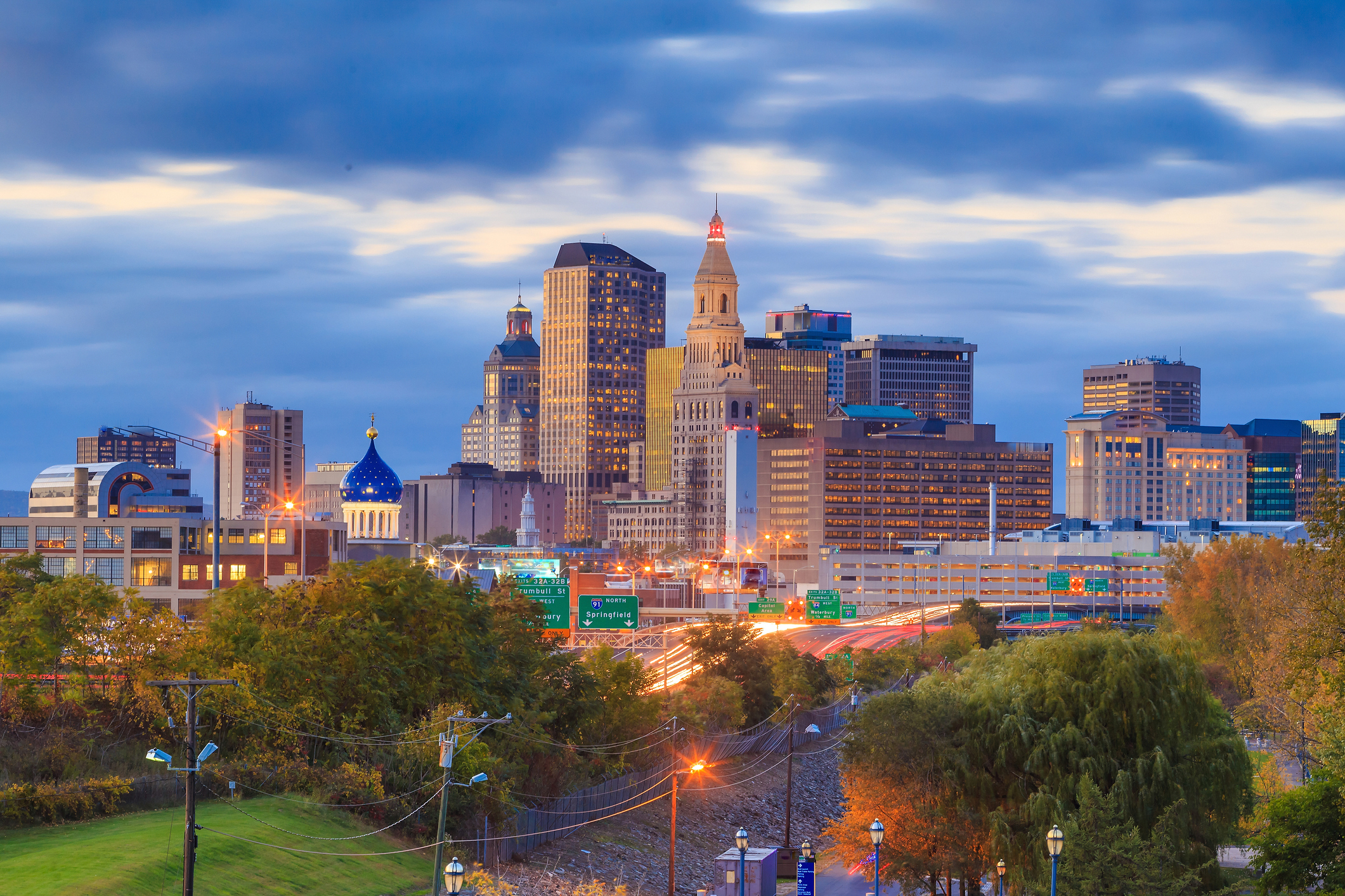 Skyline of downtown Hartford, Connecticut from above Charter Oak Landing at sunset.