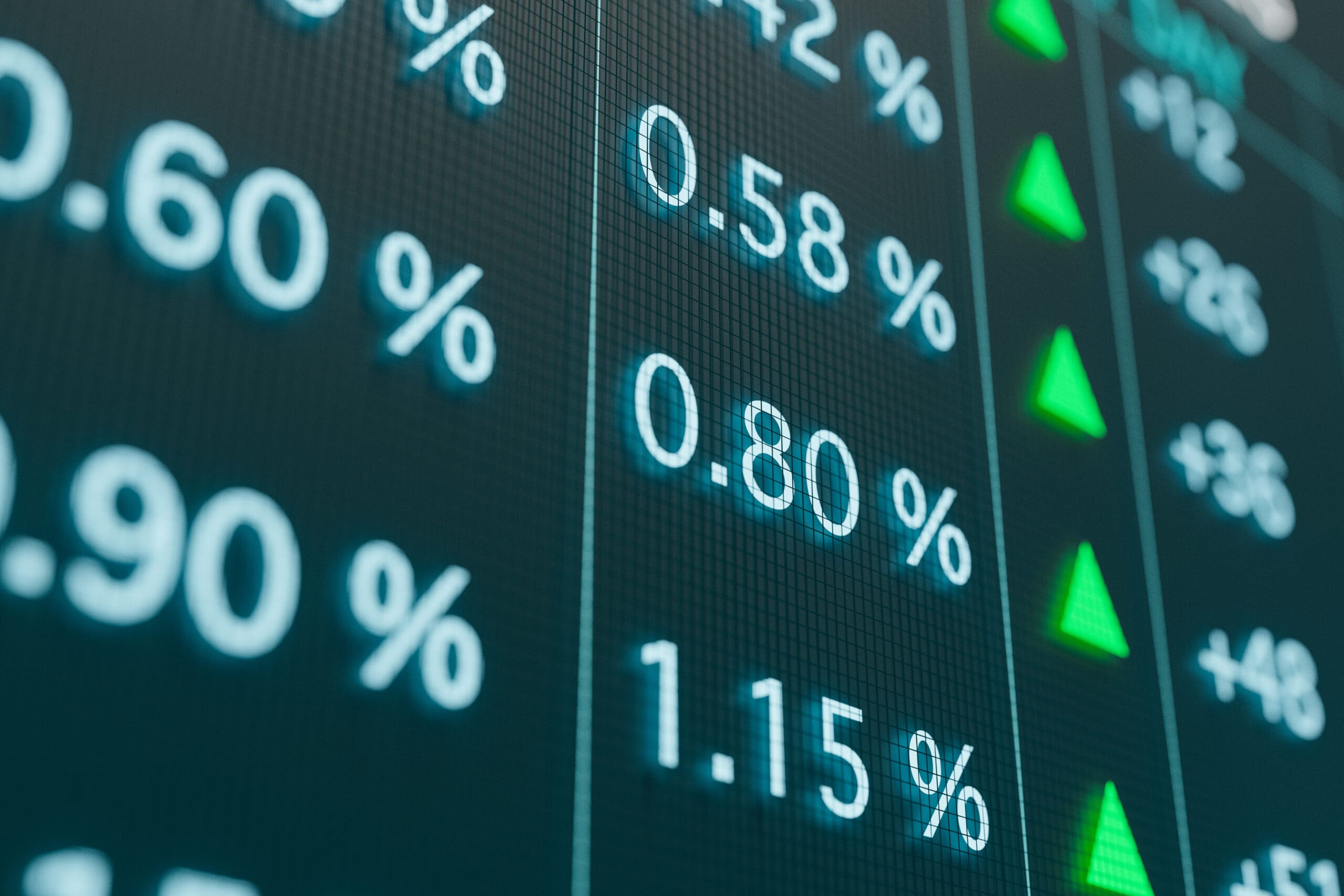 Rising bond yields and rates for saving accounts on the screen. Finance, invest, mortgage rates and stock exchange concept. 3D illustration