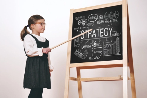 Young girl points to marketing terms on black board