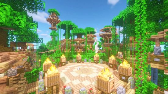 A large central area surrounded by multiple Minecraft treehouses joined by bridges.