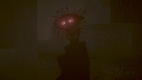 In a lightened image, The Boiled One from one of the best Minecraft mods creeps up on the player in the dark, glowing red eyes the only indication it's there.