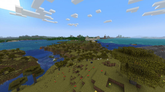 A view of a vast Minecraft landscape, spanning far into the distance thanks to Distant Horizons, one of the best Minecraft mods.