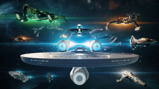 Best MMOs: Star Trek Fleet Command. Image shows various ships flying through space.