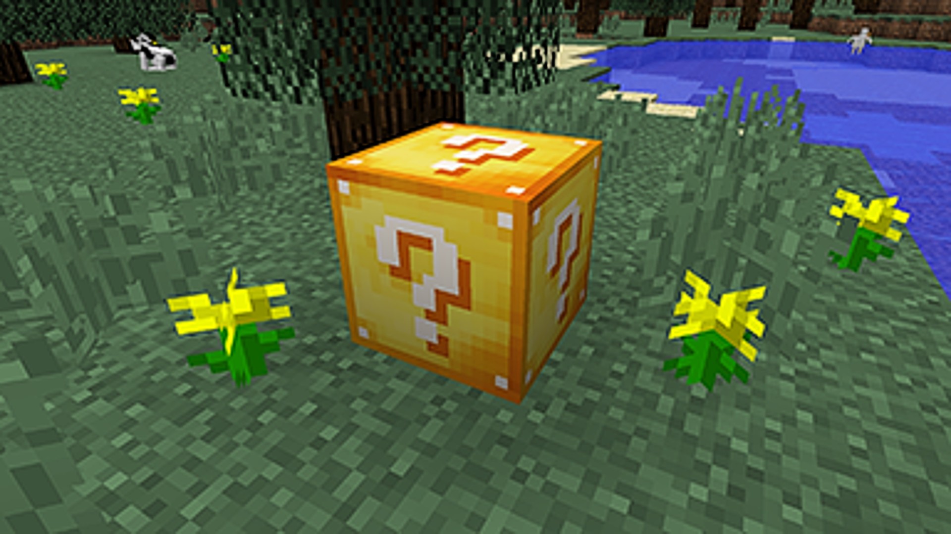 A golden-yellow Lucky Block with a question mark on the front sits on the grass in Lucky Block, one of the best Minecraft mods.