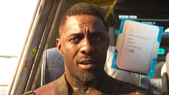 Cyberpunk 2077 screenshot showing Idris Elba and an Intel Core Ultra 7 265K CPU.