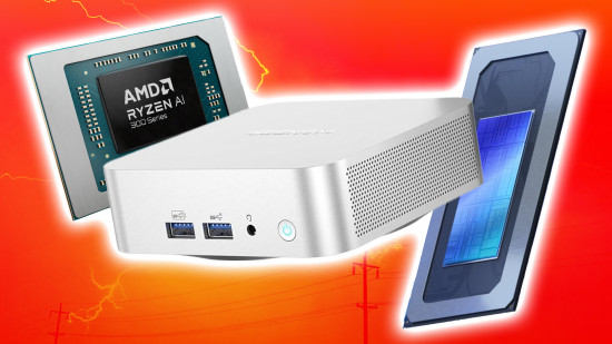 AMD and intel chips surrounding a geekom mini pc