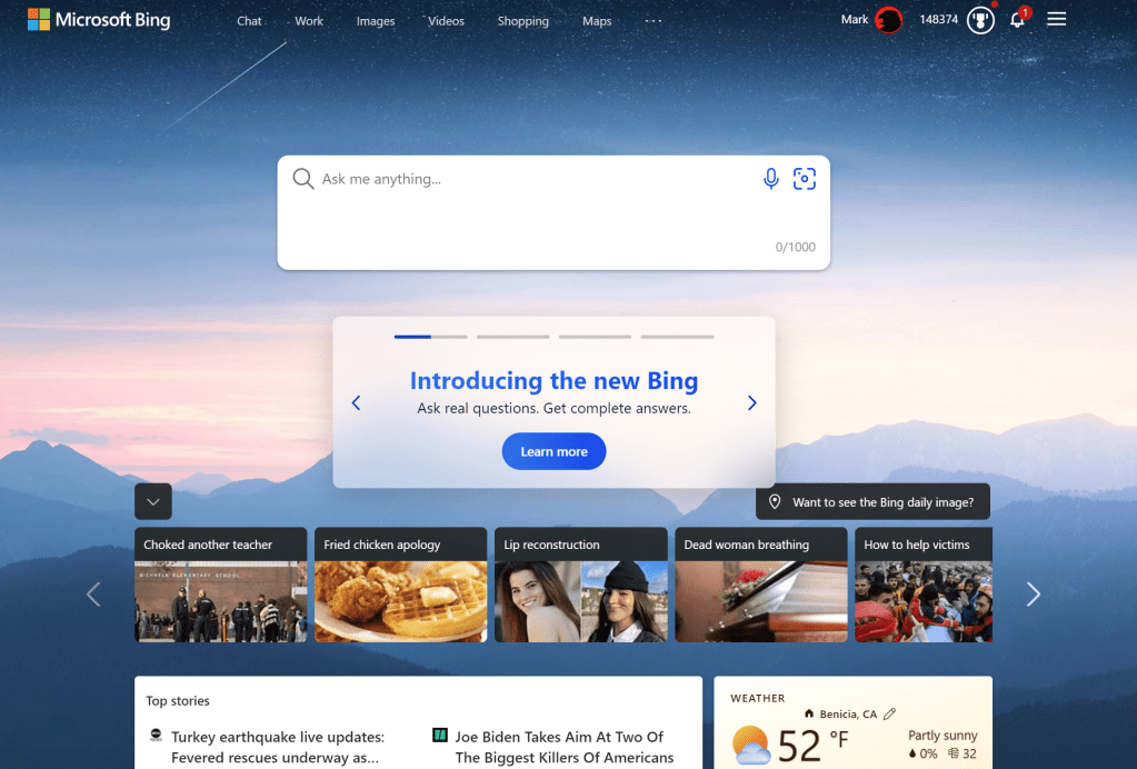 New Microsoft Bing home page