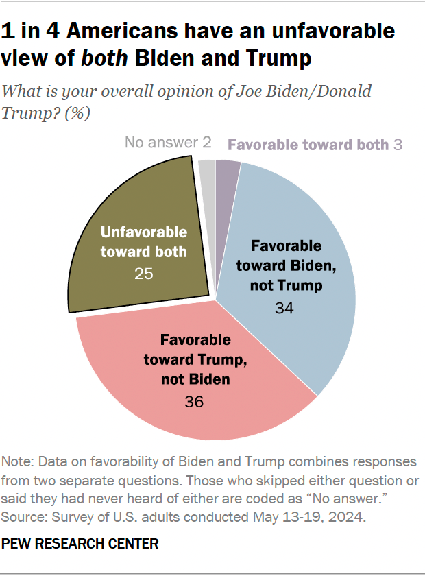 A pie chart showing that 1 in 4 Americans have an unfavorable view of both Biden and Trump.