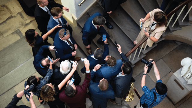 Speaker of the House Mike Johnson turns away from reporters outside his office at the U.S. Capitol in Washington, D.C., on Sept. 9, 2024. (Kent Nishimura/Getty Images)