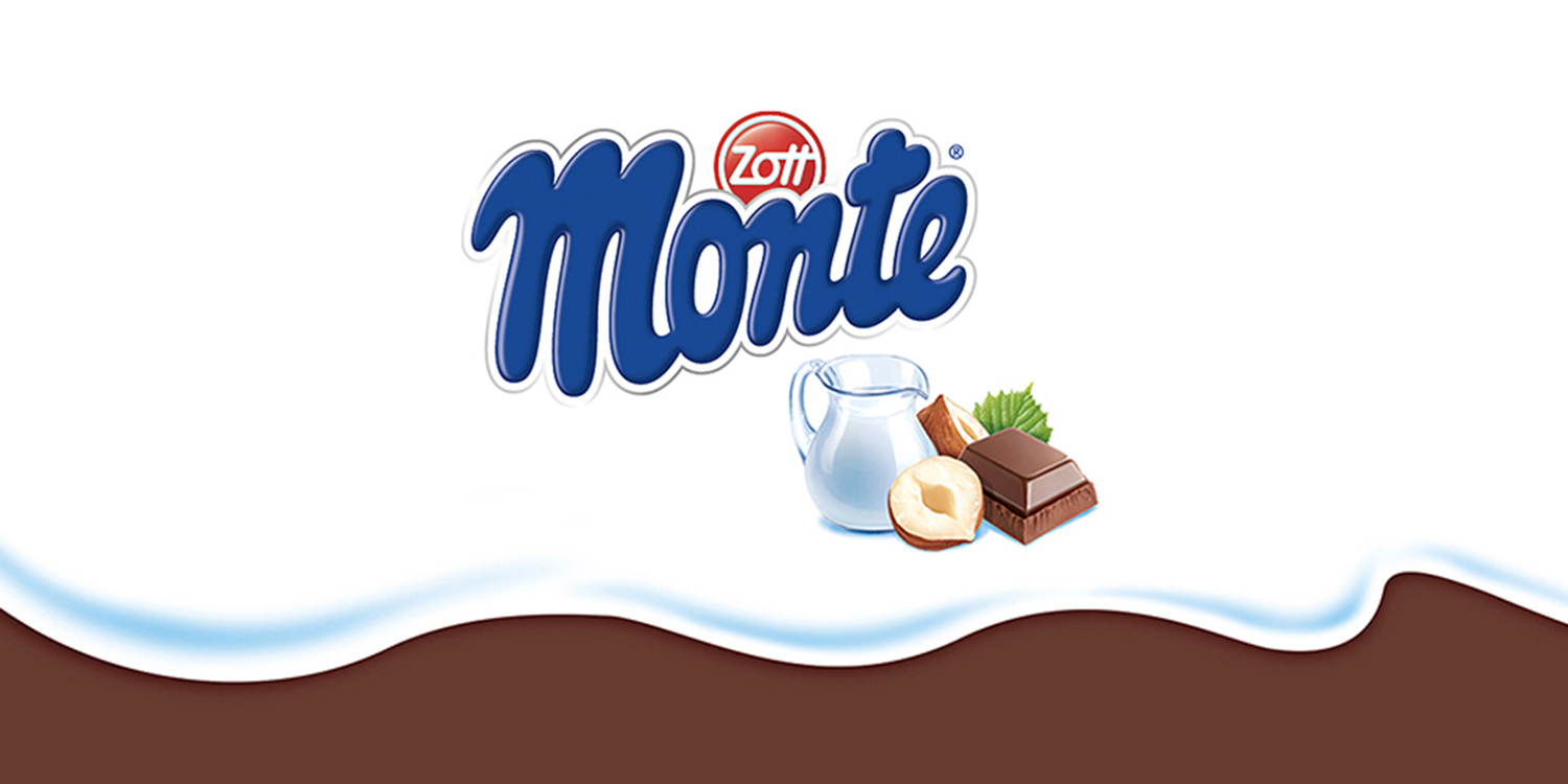 Monte-Werbung mit Milch- und Schokoladenprodukten.