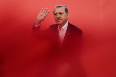 Turkish President Recep Tayyip Erdogan greats supporters